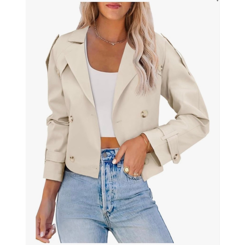 NEW Lapel Double Breasted Cropped Belted Trench Coat Jacket M